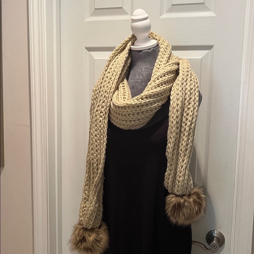 Knit Scarf Beige Faux Fur Pom Poms